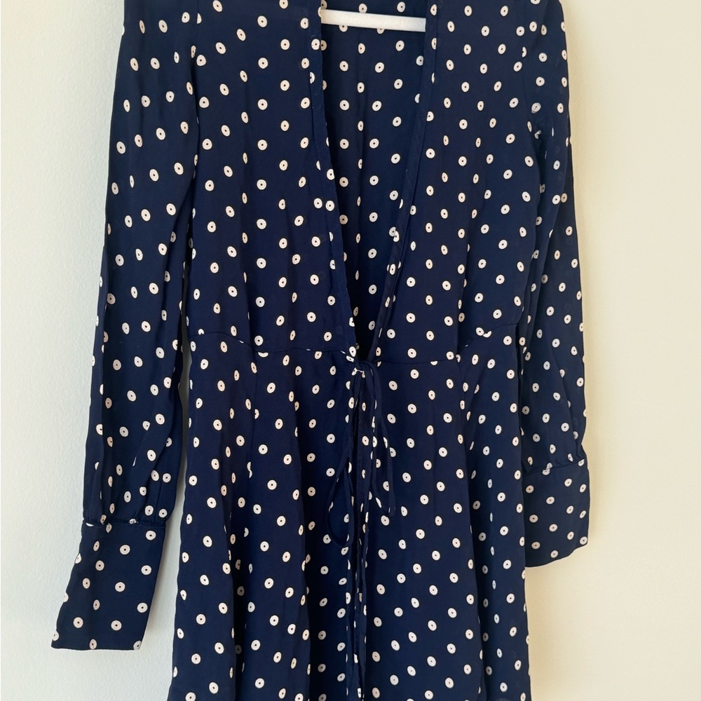 Reformation Long Sleeve Size Small (2-4) Navy and Cream White Polka Dot Dress - Picture 2 of 15